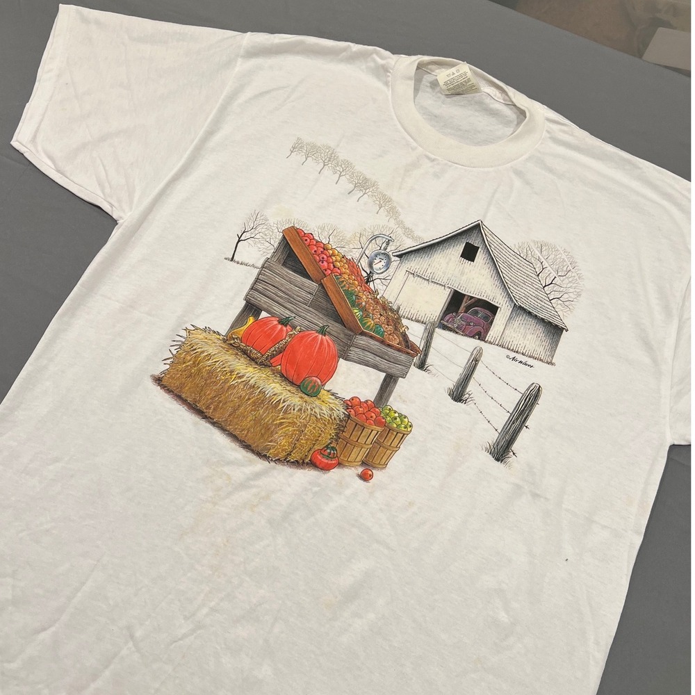 Vintage Jerzees Harvest Farm Pumpkin Patch Graphic T-Shirt XL White 90s Fall